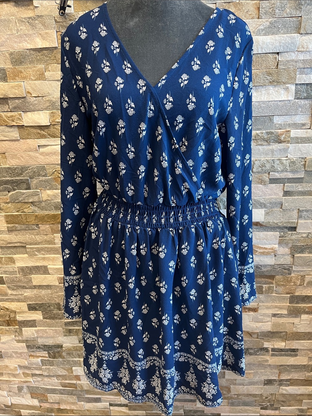 Xhilaration Navy Blue Floral Long-Sleeve Wrap-Style Dress
